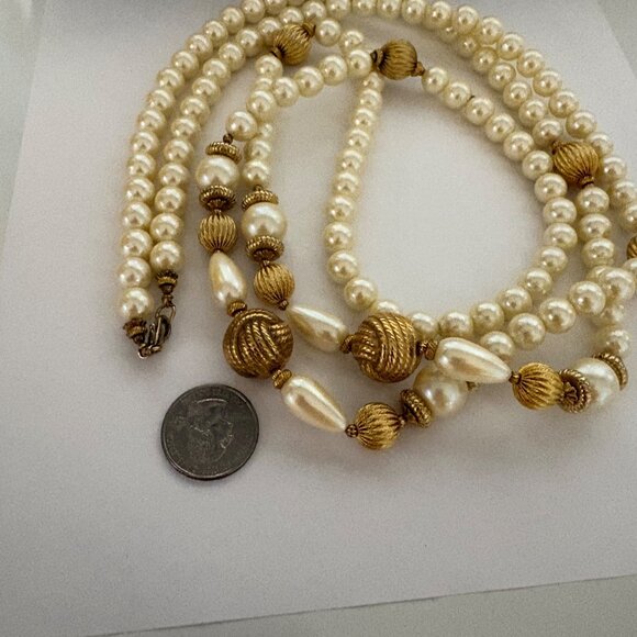 Vintage Faux Pearl Gold Tone Beads Long Necklace Classic Jewelry 58 in - Picture 5 of 10